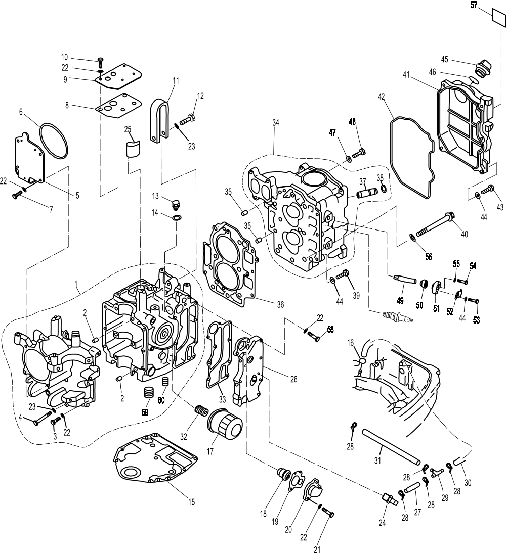 Parsun sprängskiss F25 CYLINDER AND CRANKCASE